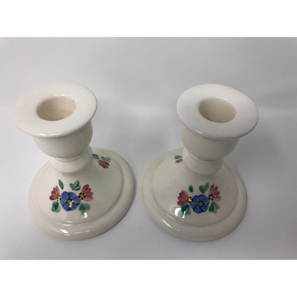 White Taper Candle Candlestick Holder Blue Pink Floral Design Pedestal Set of 2 - Picture 2 of 9